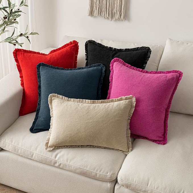 MIULEE Decorative Throw Pillow Covers Neutral Linen Fringe Throw Pillows Set of - Image 5