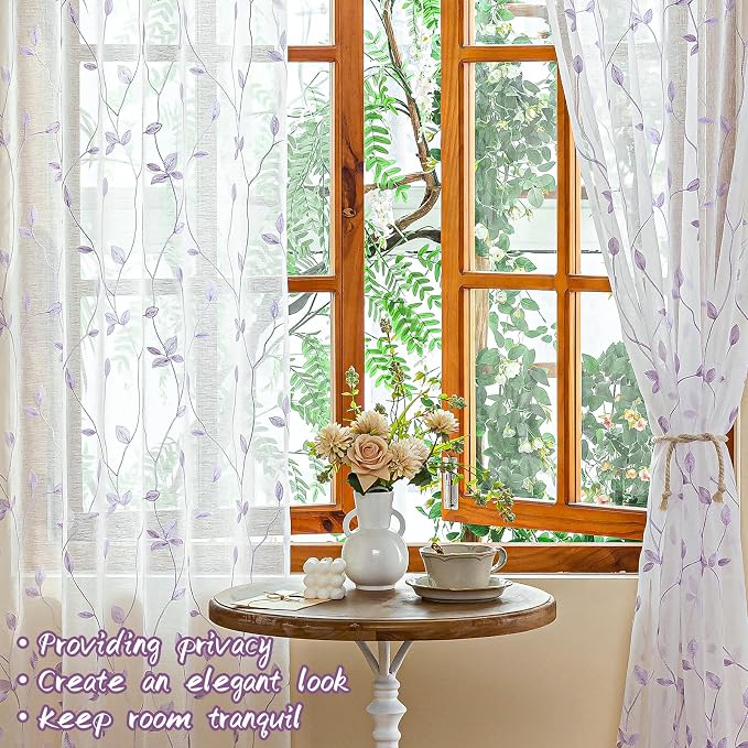 AmHoo 2 Panels Embroidered Leaf Pattern Semi Sheer Curtains Foliage Floral - Image 6