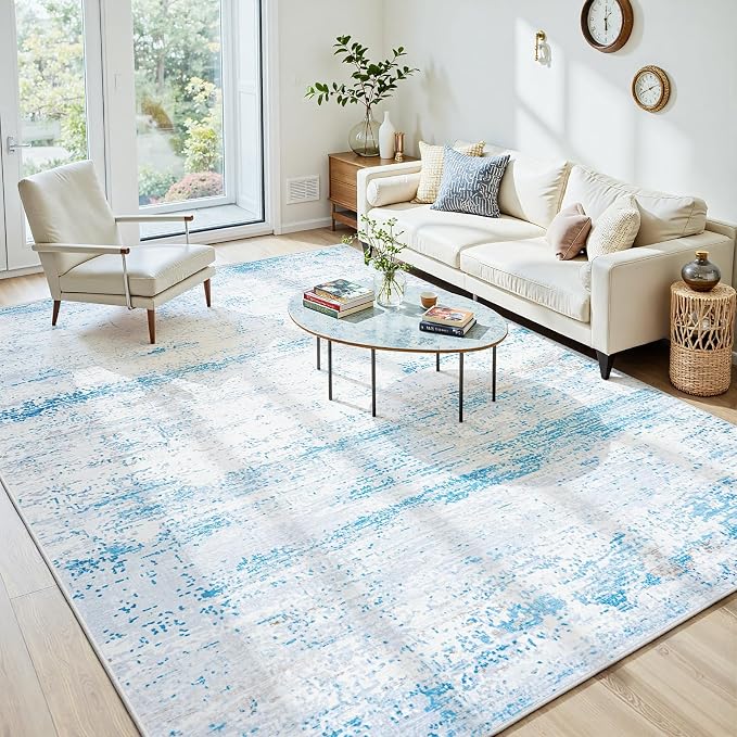 10x14 Washable Area Rug for Living Room Bedroom: Non-Slip Modern Light Blue | - Image 2