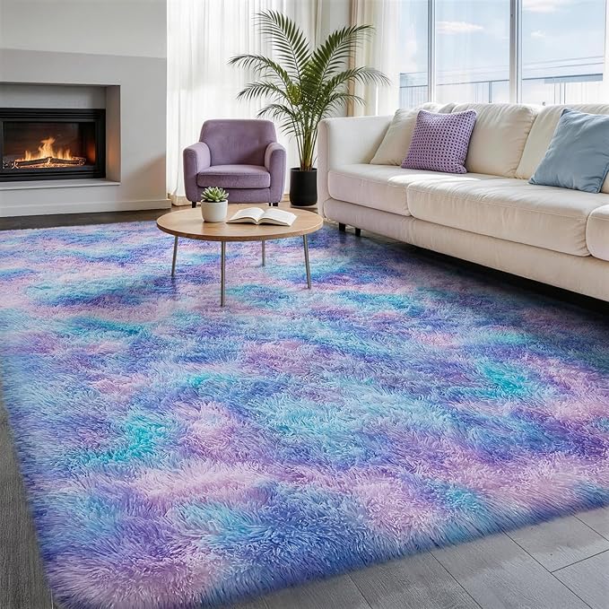 Ophanie Rainbow Purple Rug for Bedroom Girls, Unicorn Colorful Mermaid Fluffy by Ophanie