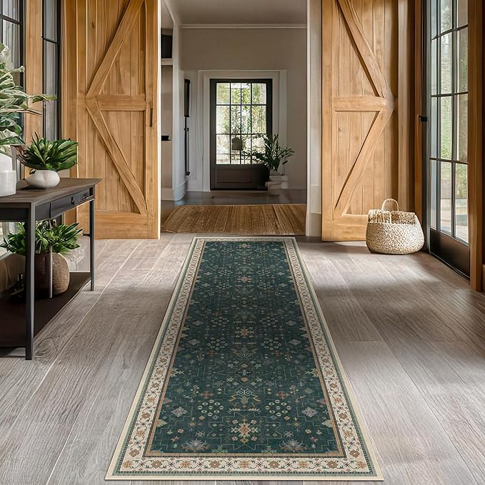Dark Green Washable 2'6"x10' Long Runner Rugs by HazoHaus