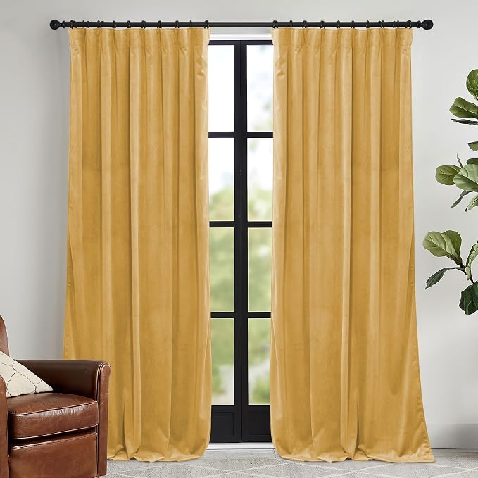 RYB HOME Mustard Yellow Velvet Curtains 96 inches, Back Tab Soft Fabric Room by RYBHOME