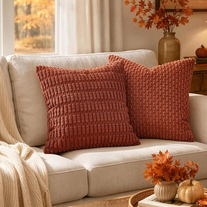 MIULEE Fall Euro Sham Corduroy Decorative Throw Pillow Covers 24x24 Rust | - Image 2