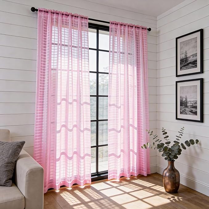 SpaceDresser Check Sheer Curtains 54 Inches 2 Panels Set, Rod Pocket Plaid - Image 4