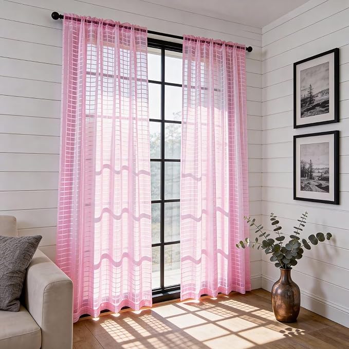 SpaceDresser Check Sheer Curtains 72 Inches 2 Panels Set, Rod Pocket Plaid - Image 4