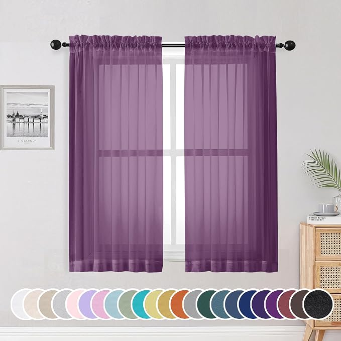 OWENIE Sheer Curtains 54 Inch Length 2 Panels Set, Plam Clear Sheer Short by OWENIE