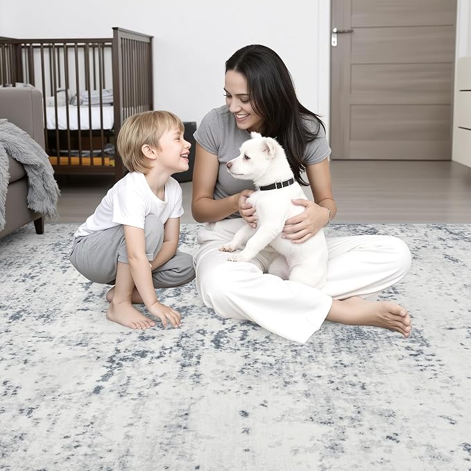 2x5 Washable Runner Rug：Modern Abstract Soft Carpet Blue Grey | - Image 2