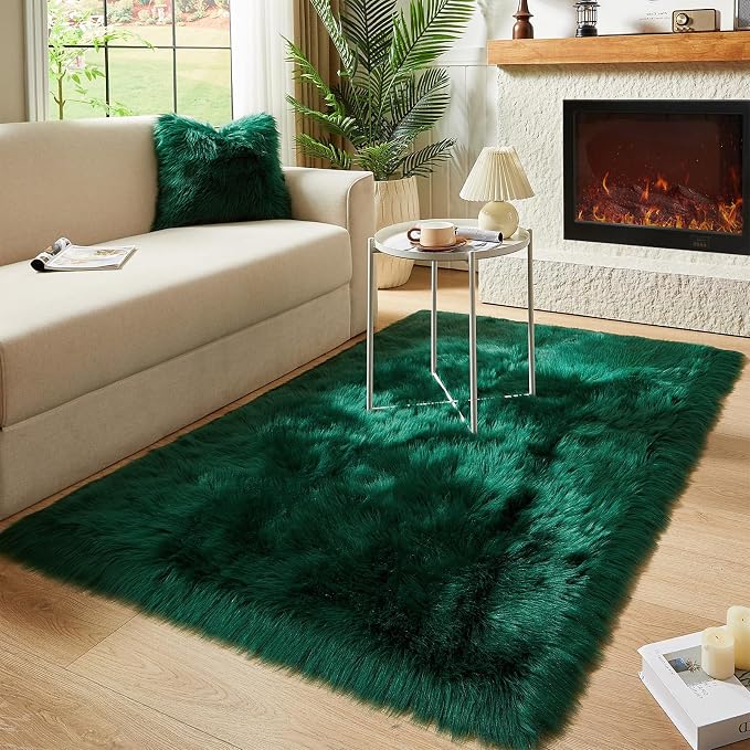 AMTOVO Faux Fur Sheepskin Rug for Living Room, 4 x 6 ft Dark Green Fluffy Area - Image 7