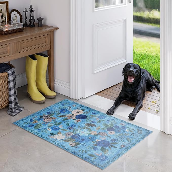 Floral Rug for Entryway, 2X3 Washable Kitchen Mat Ultra-Thin Soft, Non-Slip by WelcometoBabovid