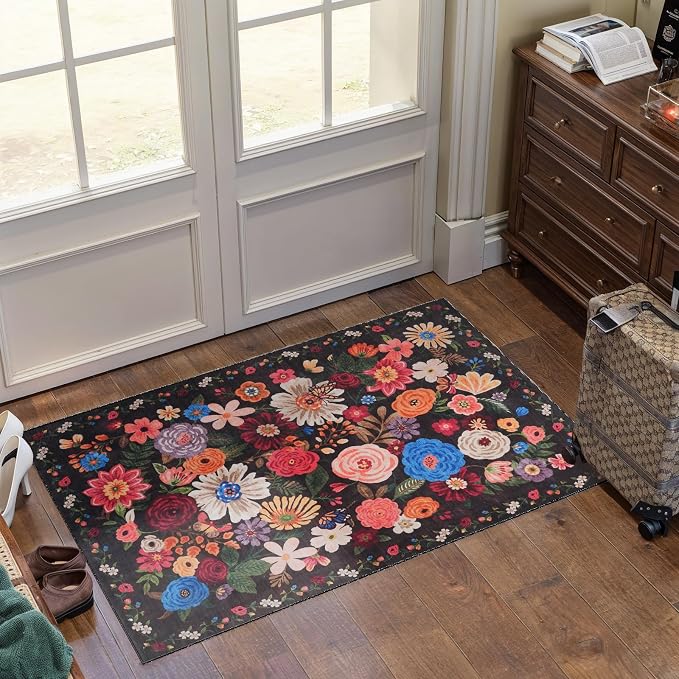 Black/Brown Floral Rug for Entryway, 2x3 Washable Kitchen Mat Ultra-Thin Soft - Image 5