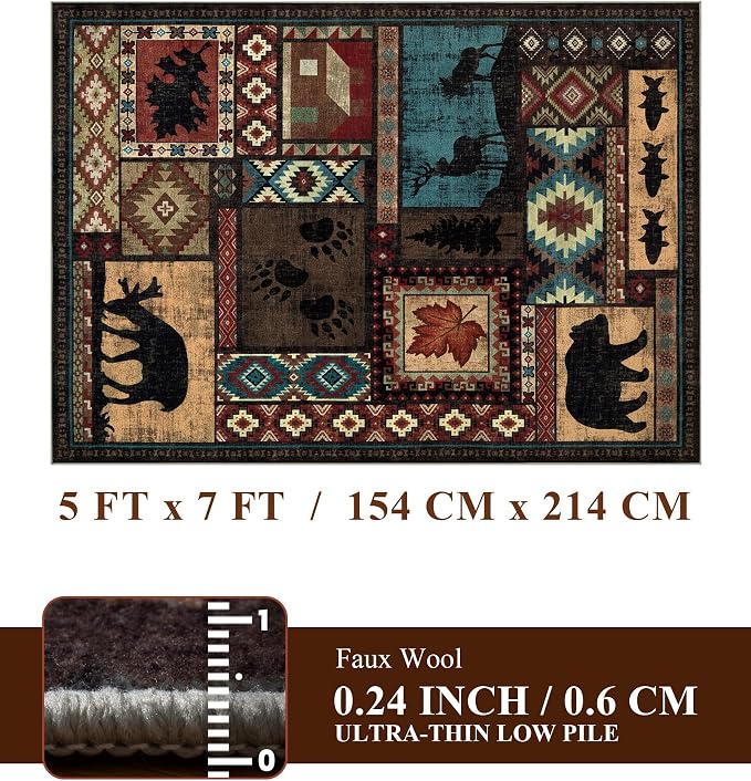 YIHOUSE Rustic Cabin Area Rug 5x7, Machine Washable Lodge Bear Rug, Non-Slip - Image 2