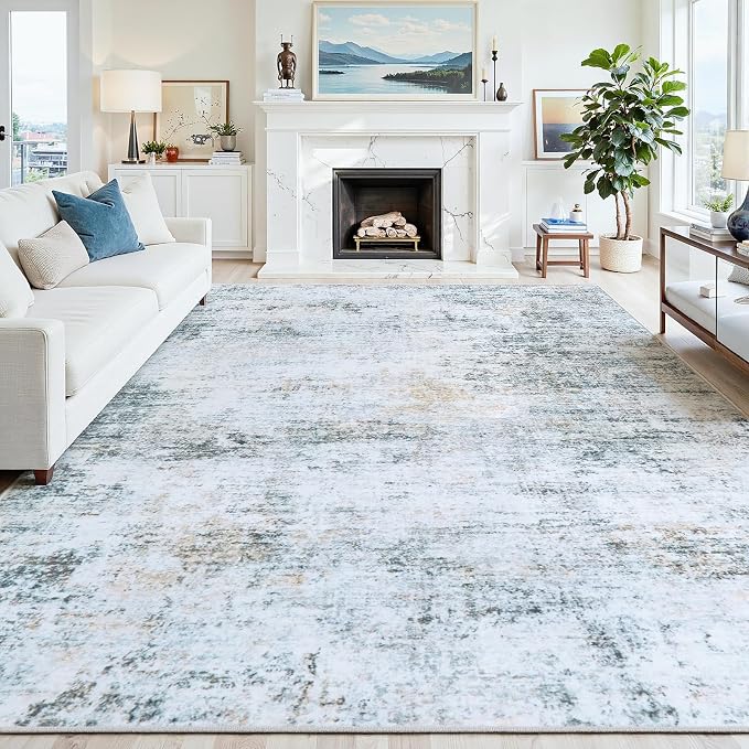 10x14 Washable Area Rug for Living Room Bedroom: Non-Slip Modern Blue Grey | by Oriannal