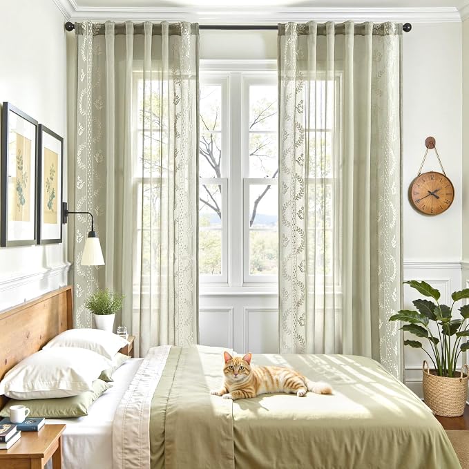 jinchan Belrose Sage Green Floral Sheer Curtains - Image 3
