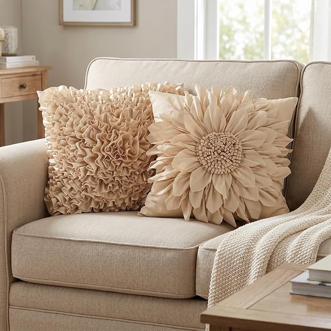 Beige Taupe Accent Flower Decorative Throw Pillow Covers - Image 4