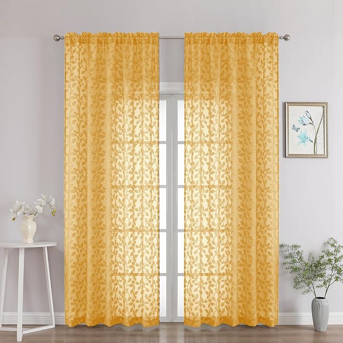 Chyhomenyc Gold Sheer Curtains 90 Inch Length 2 Panels Set, Light Filtering by Chyhomenyc