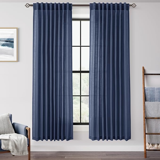 Navy Blue Curtains for Living Room Back Tab Modern Farmhouse Semi Sheer Blue by Jolilight