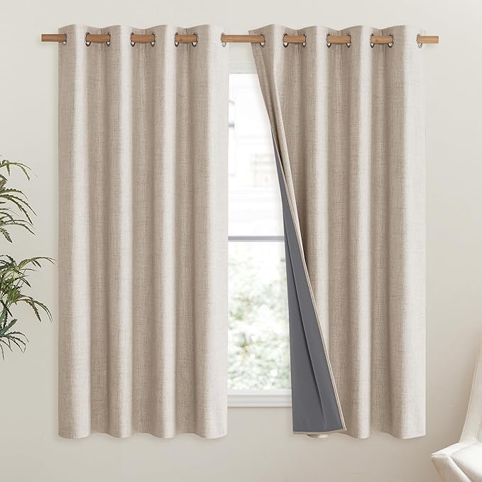 NICETOWN Cream Linen Complete Blackout Curtains 48 inches - Image 2