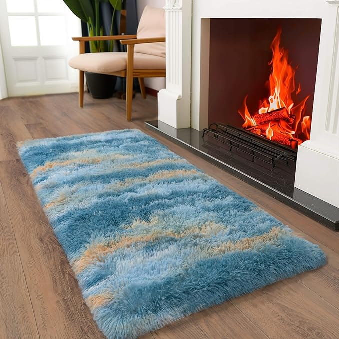 Soft Runner Rugs for Bedroom Hallways, 2x4 Abstract Blue Fluffy Shag Throw Area - Image 5