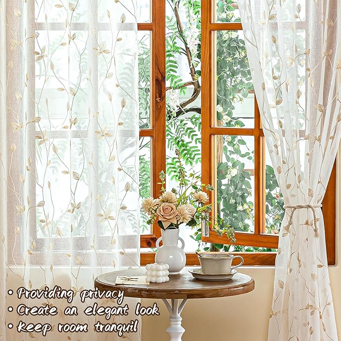 AmHoo 2 Panels Embroidered Leaf Pattern Semi Sheer Curtains Foliage Floral - Image 6