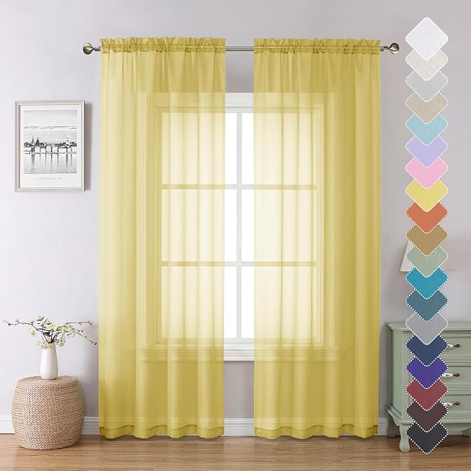 Lecloud Yellow Sheer Curtains 84 Inches Long 2 Panels, Light Filtering Voile by Lecloud