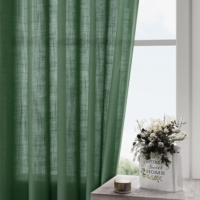 Nanspring Green Boho Curtains for Bedroom Back Tab Rod Pocket Semi Sheer Linen - Image 2