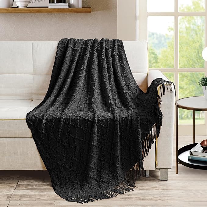 BOURINA Black Throw Blanket 50 x70 Inches Jacquard Argyle Throw Textured Solid - Image 3