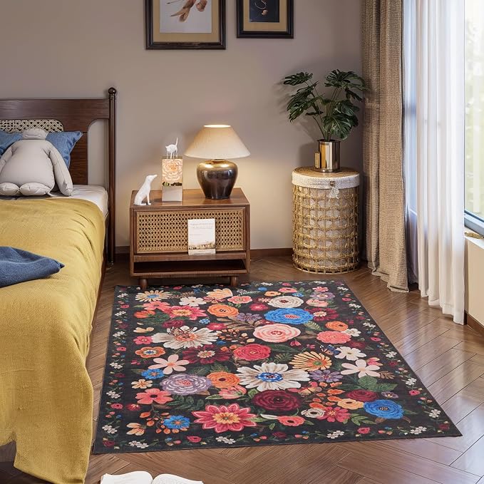 Area Rug 4x6 Black/Brown Rug, Washable Boho Rugs Non Slip Low Pile Floral Small - Image 6