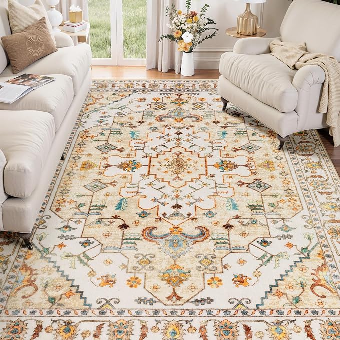 SERISSA Boho Area Rug 5x7 Light Yellow, Washable Large Rugs by SERISSAHomeDecorCollection
