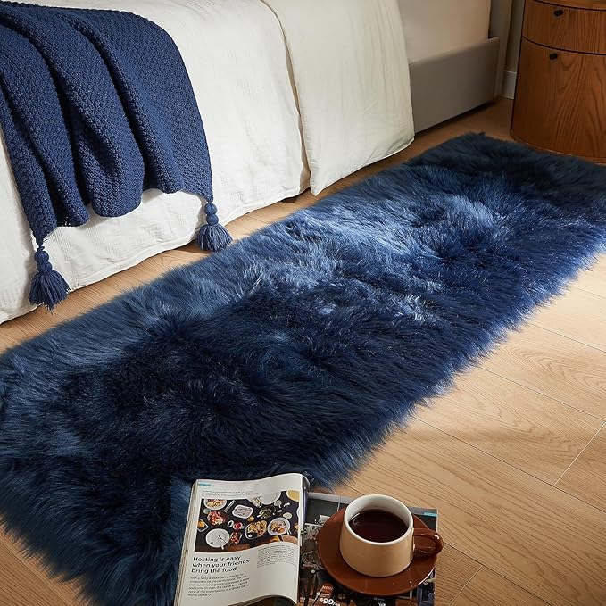 AMTOVO Faux Fur Rug, Dark Blue Ultra Soft Fluffy Shag Sheepskin Rug, 2 x 6 ft by AMTOVO