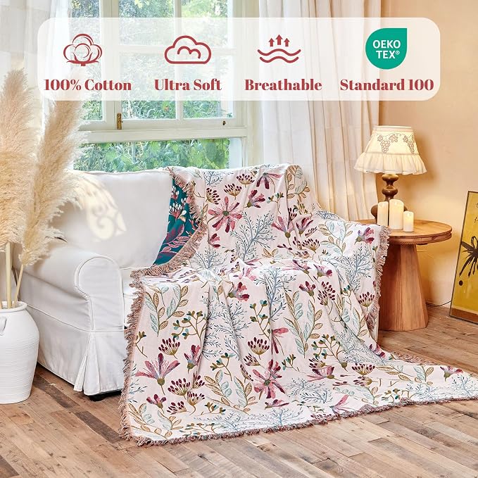 MSGKV Boho Throw Blanket for Bed 60"x80" Floral 100% Cotton Couch Blanket - Image 2