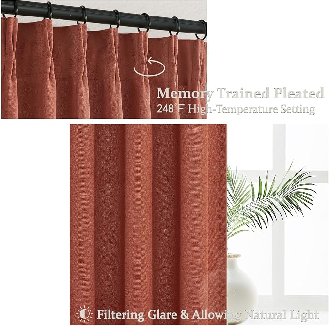 Pinch Pleated Burnt Orange Semi Sheer Curtains 102 Inches Long 2 Panels Set - Image 3