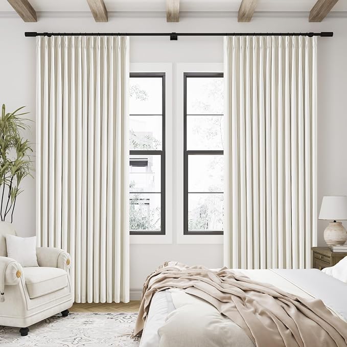 90 Inch Pinch Pleated Linen 100% Blackout Curtains 2 Panels Cream Natural | - Image 7