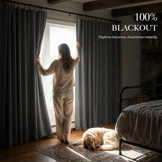 RYB HOME 100% Blackout Curtains Linen Textured 102 Inch Long, Insulating Energy - Image 3