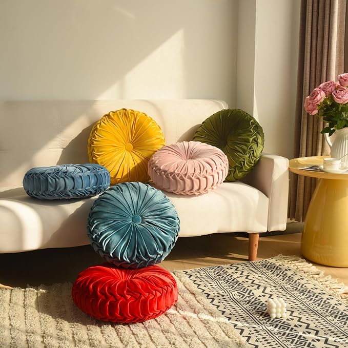 HIG Set of 2 Yellow Ruched Velvet Round Throw Pillows – 14.5’’ Decorative - Image 6