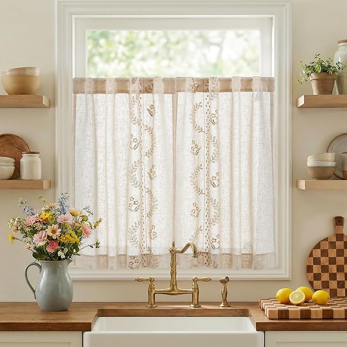 jinchan Belrose Linen Floral Kitchen Curtains 36 inch Length Embroidered by JINCHAN