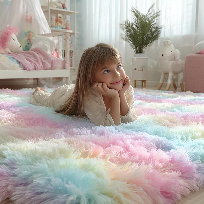 Fluffy Vibrant Rainbow Rugs for Bedroom 5x7 Ft, Colorful Unicorn Girls Rugs | - Image 2
