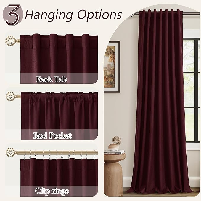 Burgundy 100% Blackout Linen Curtains 72 Inch Length 2 Panels Set - Image 6