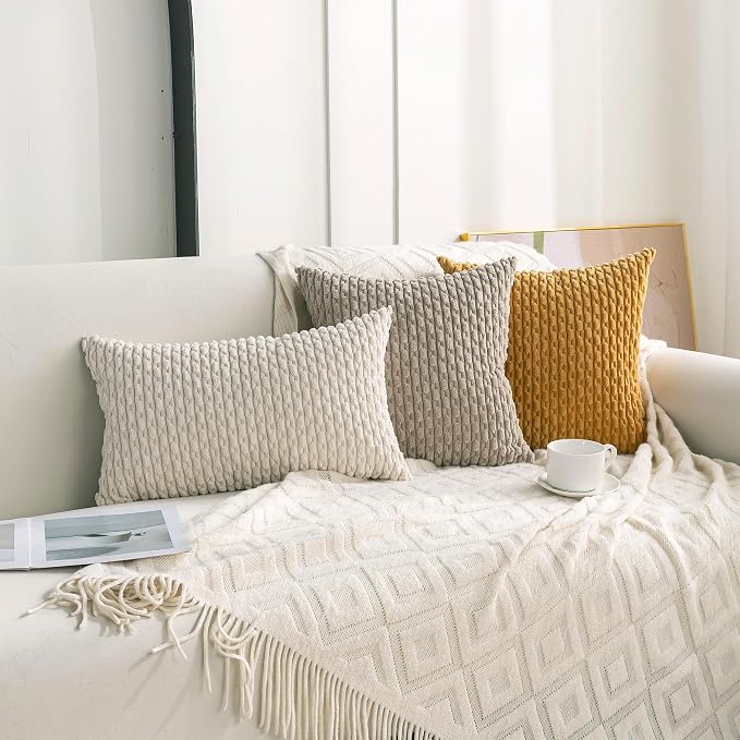 Set of 4 Navy White Taupe Decorative Throw Pillow Covers 18x18 Inch Corduroy - Image 3