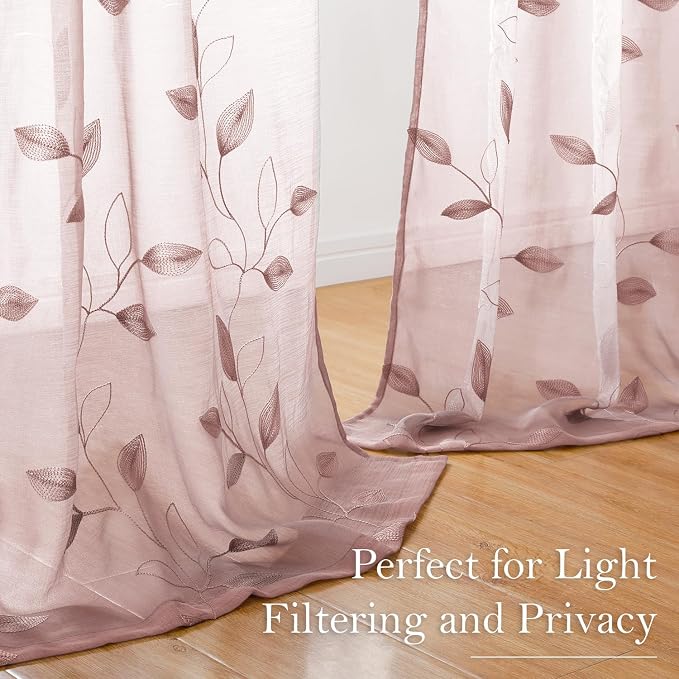 HOMEIDEAS Blush Pink Floral Sheer Curtains 96 Inches Long 2 Panels Embroidered - Image 4