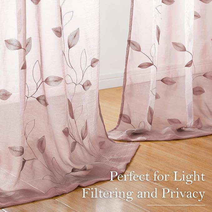 HOMEIDEAS Blush Pink Floral Sheer Curtains 63 Inches Long 2 Panels Embroidered - Image 4
