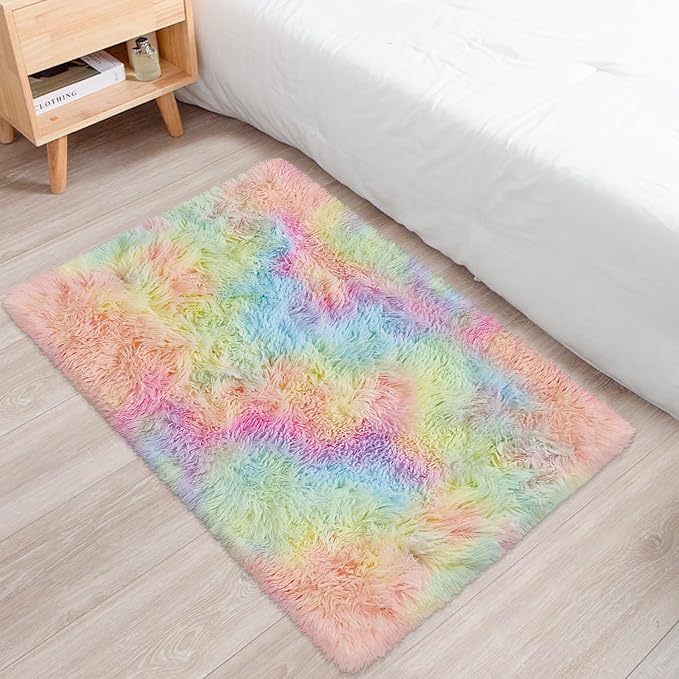 Small Fluffy Rainbow Colorful Area Rug - Image 3