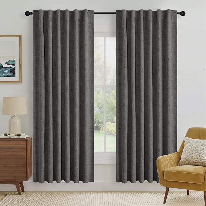 RYB HOME Grey 100% Blackout Linen Curtains 72 inch Long, Thermal Insulated & by RYBHOME