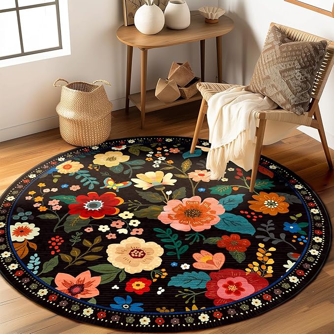 RELEANY Floral Washable Round 6ft Area Rug Black | Flower Carpet Print Boho by RELEANY
