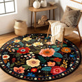 RELEANY Floral Washable Round 6ft Area Rug Black | Flower Carpet Print Boho by RELEANY