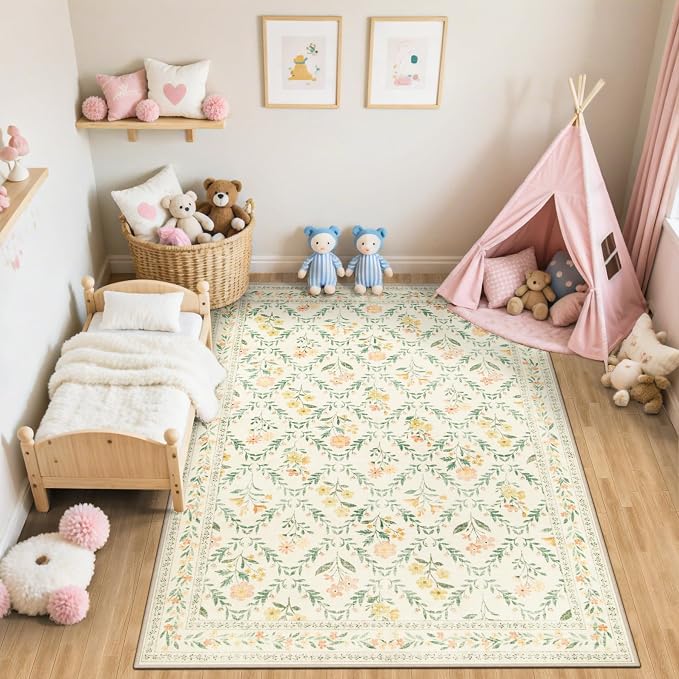 Area Rug Living Room Rugs: Floral 5x7 Washable Rug Vintage Soft Boho Non-Slip - Image 5
