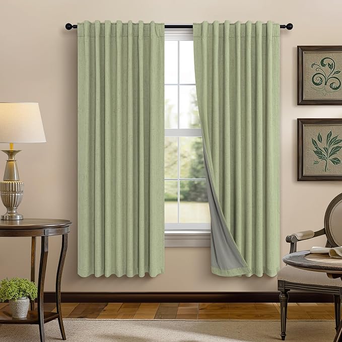 Pitalk Light Sage Green Black Out Curtains 63 Inch Long 2 Panel Set Back Tab by Pitalk
