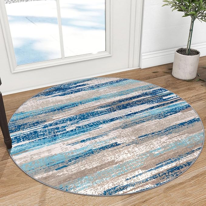 Lansny Modern Abstract Round Rug 3Ft, Circular Entryway Rugs Thin Print Faux by lansny