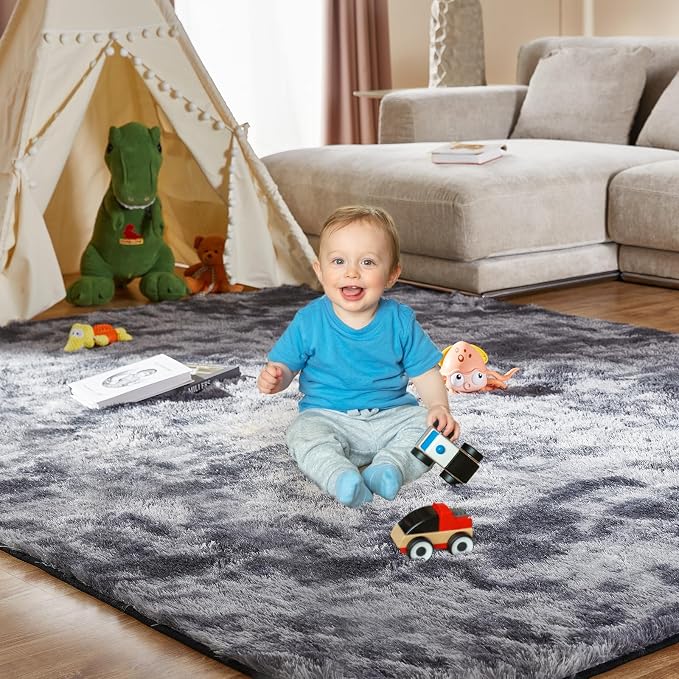 KNZE 9X12 Feet High Pile Tie-Dye Rug, Dark Grey, Area Rug - Image 3