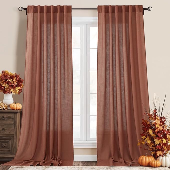 RYB HOME Faux Linen Curtains 102 inches Long, Elegant Textured Sheer Drapes by RYBHOME
