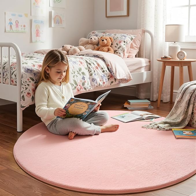 Amearea Pink Round Area Rugs 5ft Washable Circle Rugs - Image 2